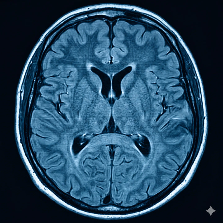 MRT-Aufnahme des menschlichen Gehirns im Querschnitt. Neurotrophe Faktoren und Reishi.