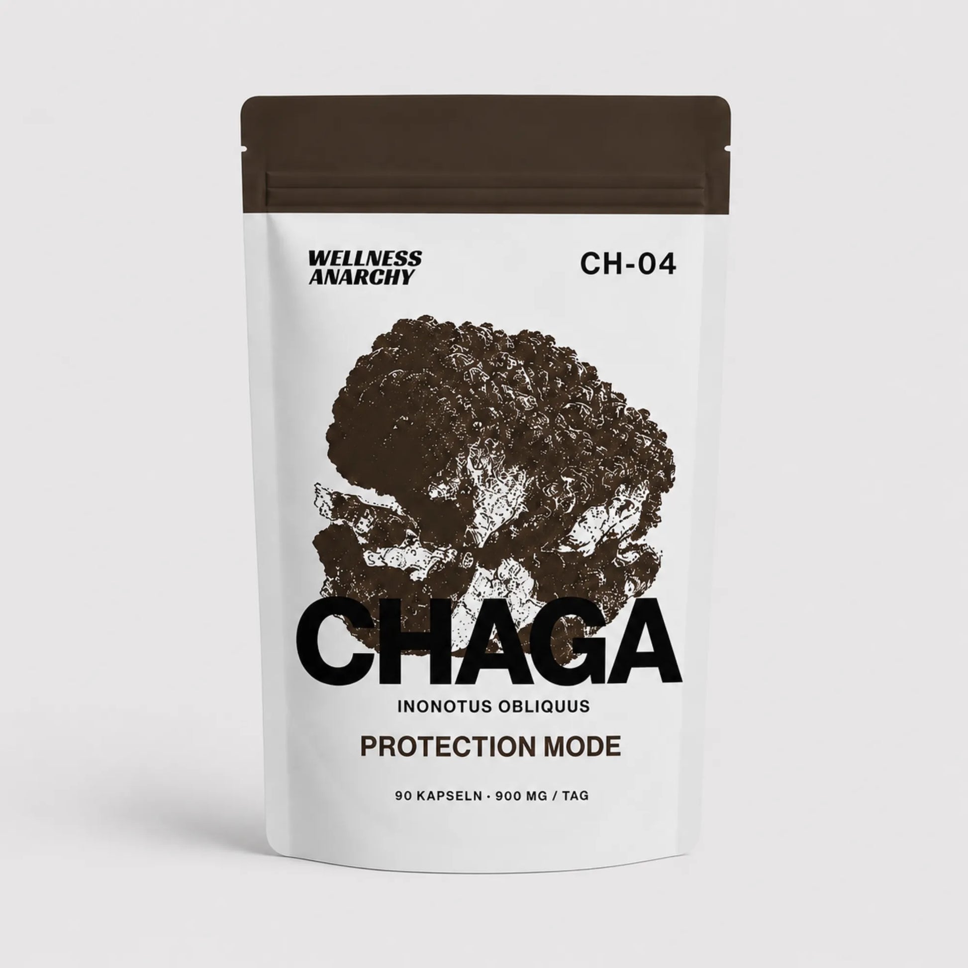 Wellness Anarchy Chaga Kapseln Standbeutel mit dunkelbrauner Inonotus-obliquus-Pilz-Illustration auf der Front.
