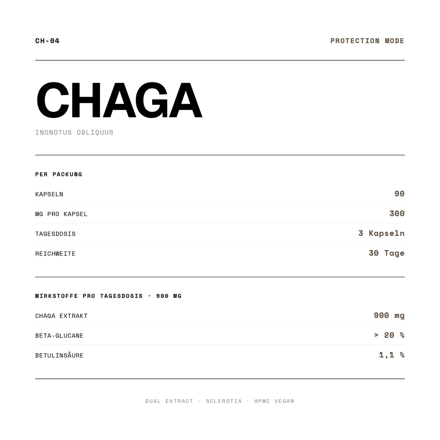 Wirkstoffe und Dosierung von Chaga Kapseln: 90 Kapseln à 300 mg, ≥35% Polysaccharide, ≥20% Beta-Glucane, ≥5% Polyphenole, Dual Extract.