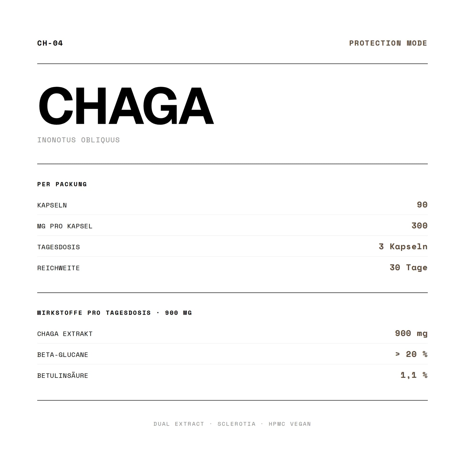 Wirkstoffe und Dosierung von Chaga Kapseln: 90 Kapseln à 300 mg, ≥35% Polysaccharide, ≥20% Beta-Glucane, ≥5% Polyphenole, Dual Extract.