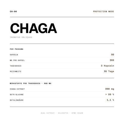 Wirkstoffe und Dosierung von Chaga Kapseln: 90 Kapseln à 300 mg, ≥35% Polysaccharide, ≥20% Beta-Glucane, ≥5% Polyphenole, Dual Extract.