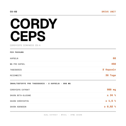 Wirkstoffe und Dosierung von Cordyceps CS-4 Kapseln: 60 Kapseln à 450 mg, ≥32% Beta-Glucane, ≥1,41% Cordycepin, ≥0,52% Adenosin.