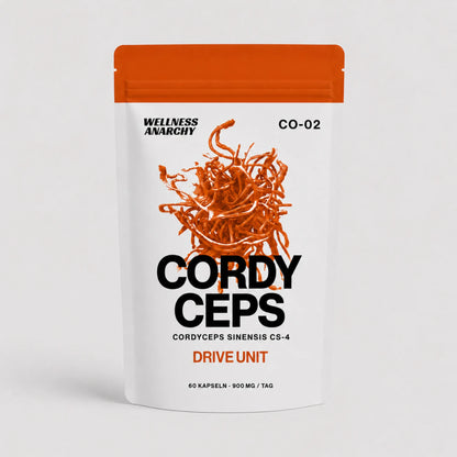 Wellness Anarchy Cordyceps CS-4 Kapseln Standbeutel mit oranger Cordyceps-sinensis-Pilz-Illustration auf der Front.