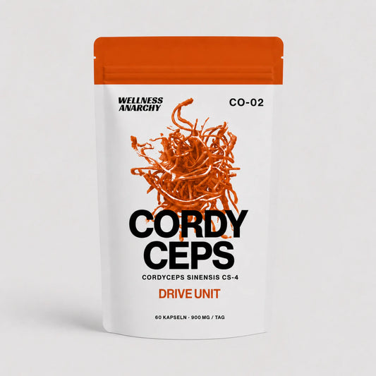 Wellness Anarchy Cordyceps CS-4 Kapseln Standbeutel mit oranger Cordyceps-sinensis-Pilz-Illustration auf der Front.