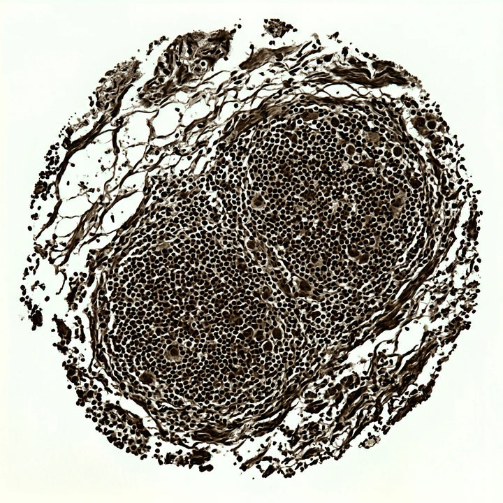Histologischer Querschnitt von entzündetem Gewebe mit Immunzell-Infiltration unter dem Lichtmikroskop.