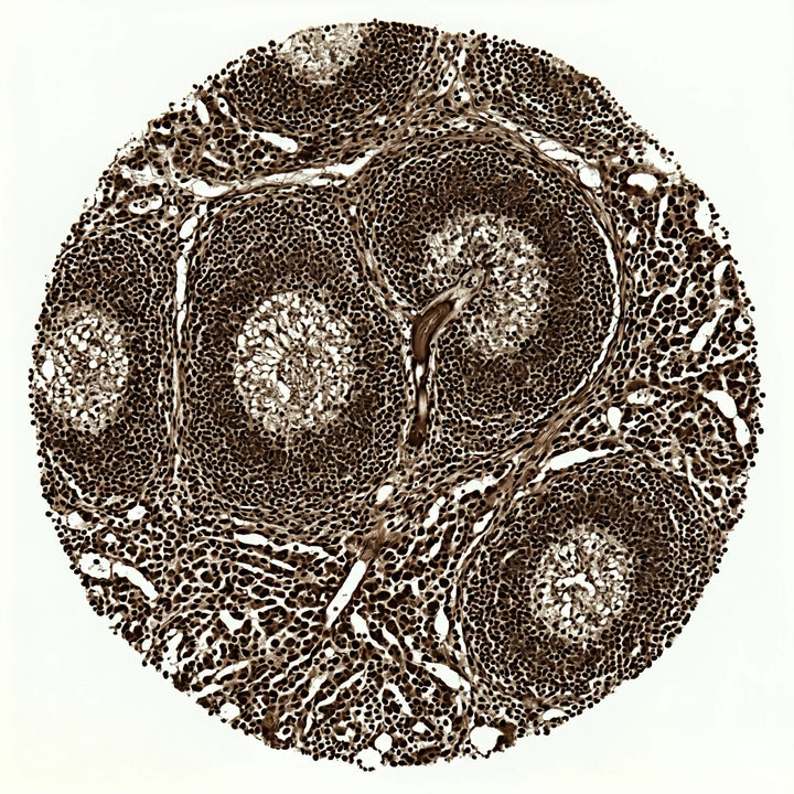 Histologischer Querschnitt von Milzgewebe mit Keimzentren unter dem Lichtmikroskop.