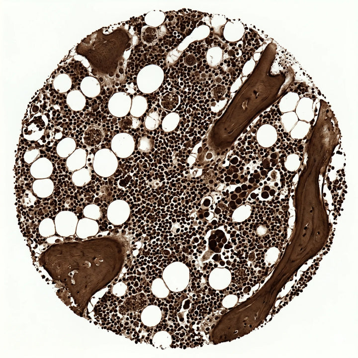 Histologischer Querschnitt von Knochenmark mit Immunzellbildung unter dem Lichtmikroskop.
