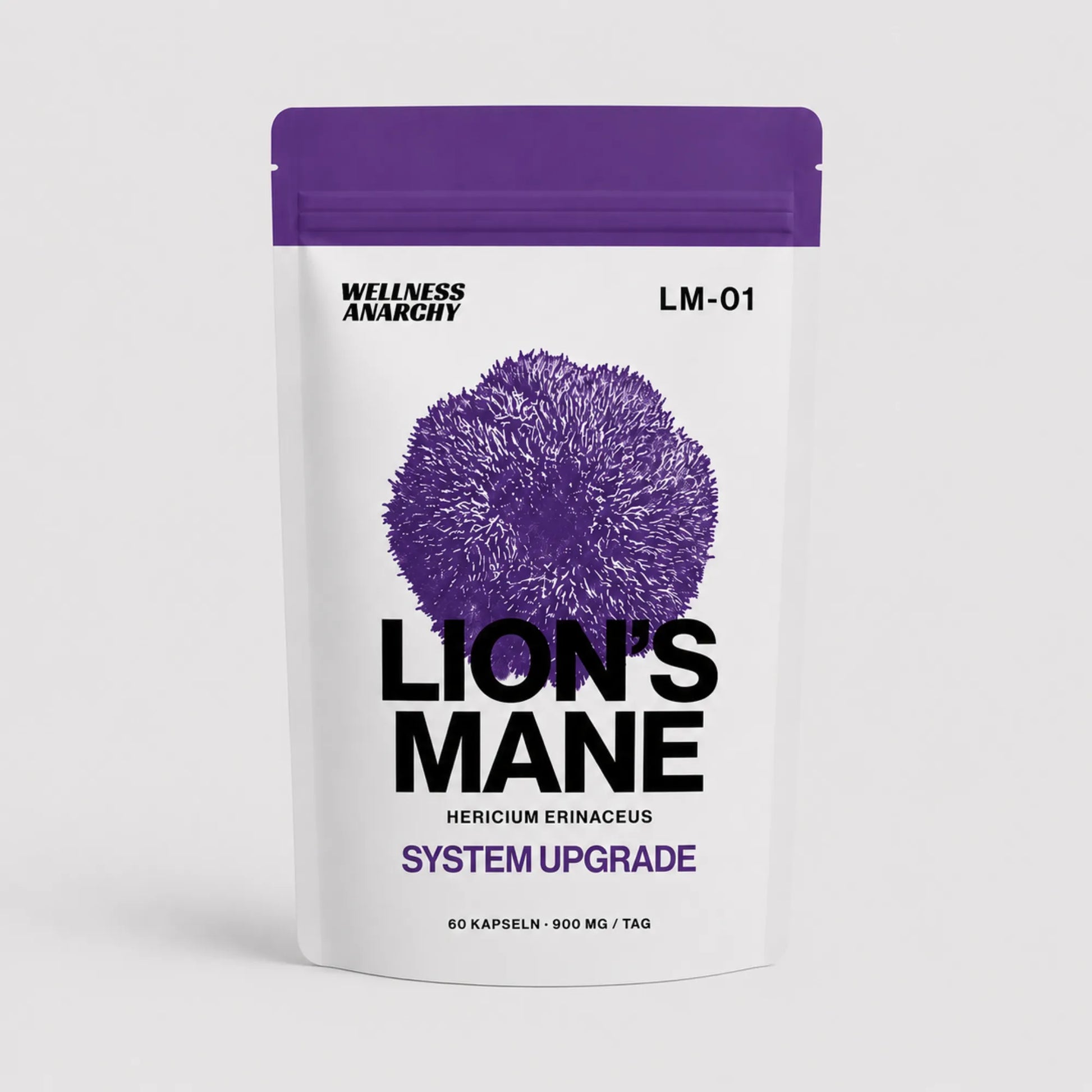 Wellness Anarchy Lion's Mane Kapseln Standbeutel mit violetter Hericium-erinaceus-Pilz-Illustration auf der Front.