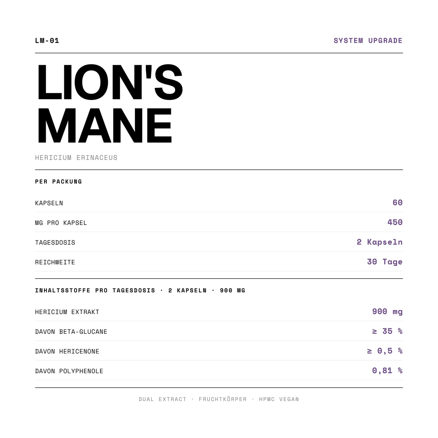 Wirkstoffe und Dosierung von Lion's Mane Kapseln: 60 Kapseln à 450 mg, ≥25% Beta-Glucane, 0,76% Polyphenole, Dual Extract 8:1.