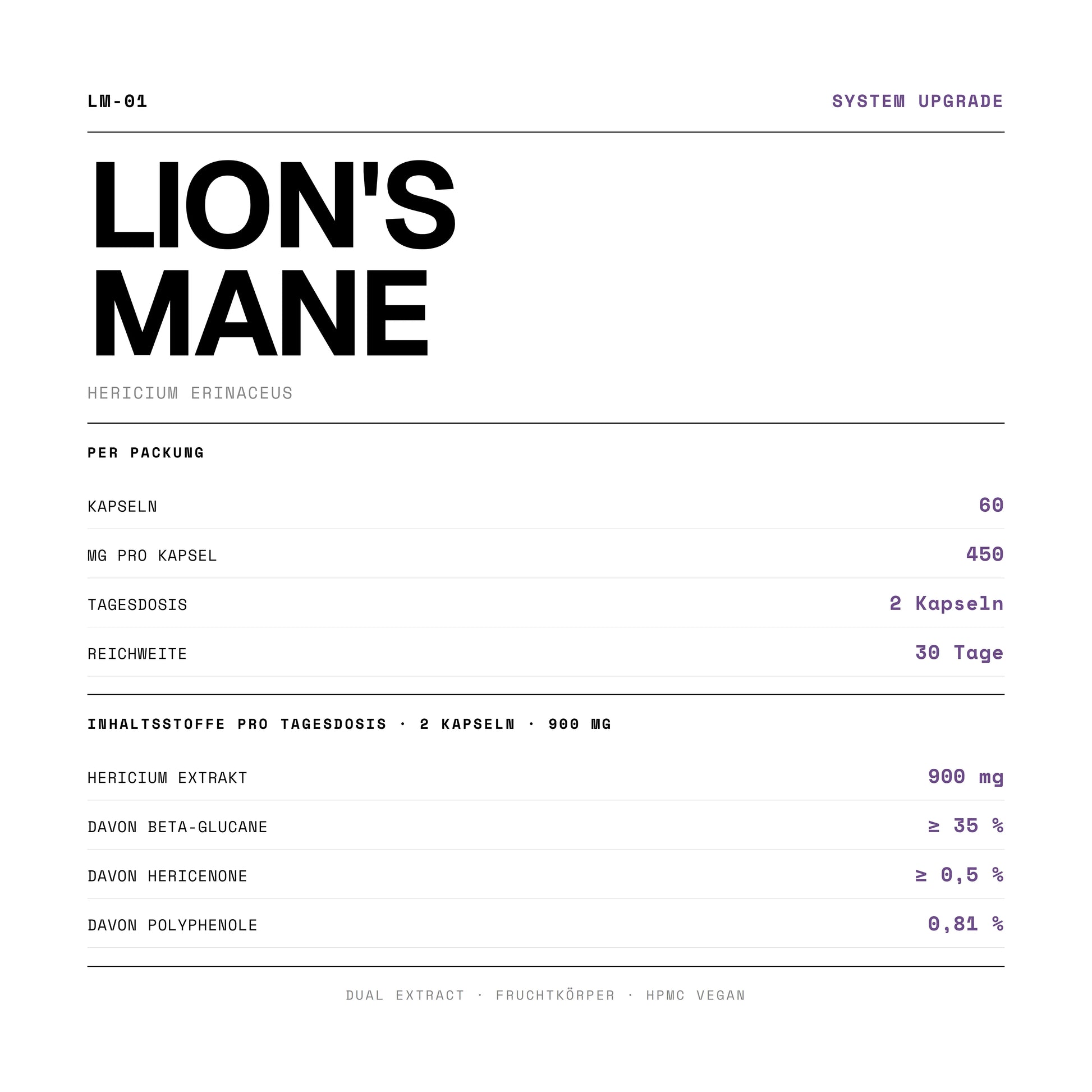 Wirkstoffe und Dosierung von Lion's Mane Kapseln: 60 Kapseln à 450 mg, ≥25% Beta-Glucane, 0,76% Polyphenole, Dual Extract 8:1.