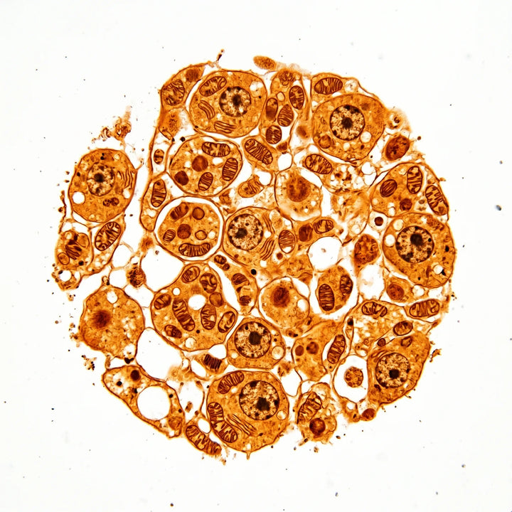 Histologische Aufnahme zellulärer Strukturen mit Mitochondrien unter dem Lichtmikroskop.