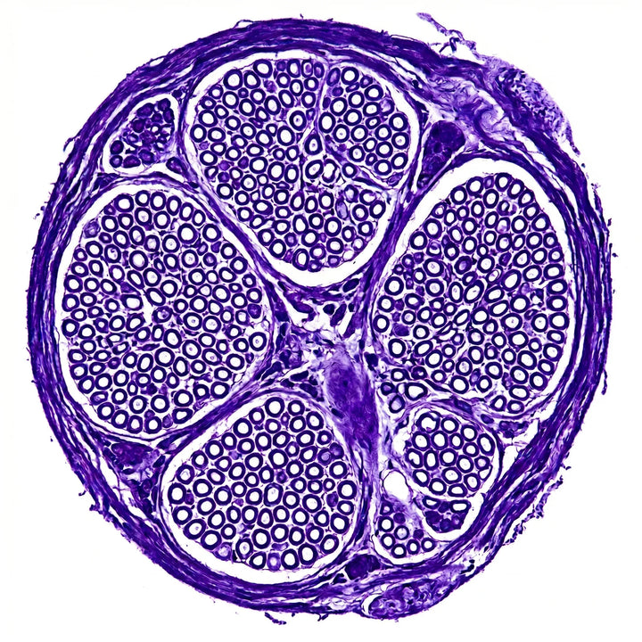 Histologischer Querschnitt peripherer Nervenfasern mit Myelinscheiden unter dem Lichtmikroskop.