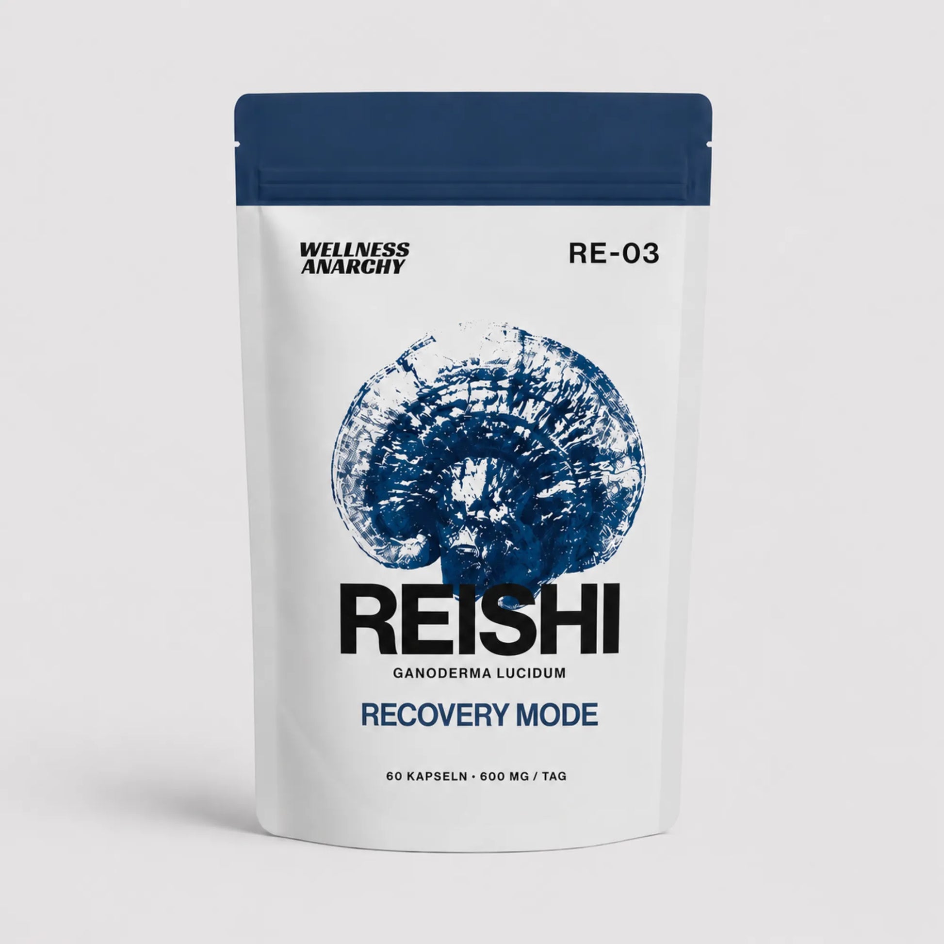 Wellness Anarchy Reishi Kapseln Standbeutel mit dunkelblauer Ganoderma-lucidum-Pilz-Illustration auf der Front.