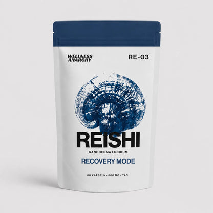 Wellness Anarchy Reishi Kapseln Standbeutel mit dunkelblauer Ganoderma-lucidum-Pilz-Illustration auf der Front.