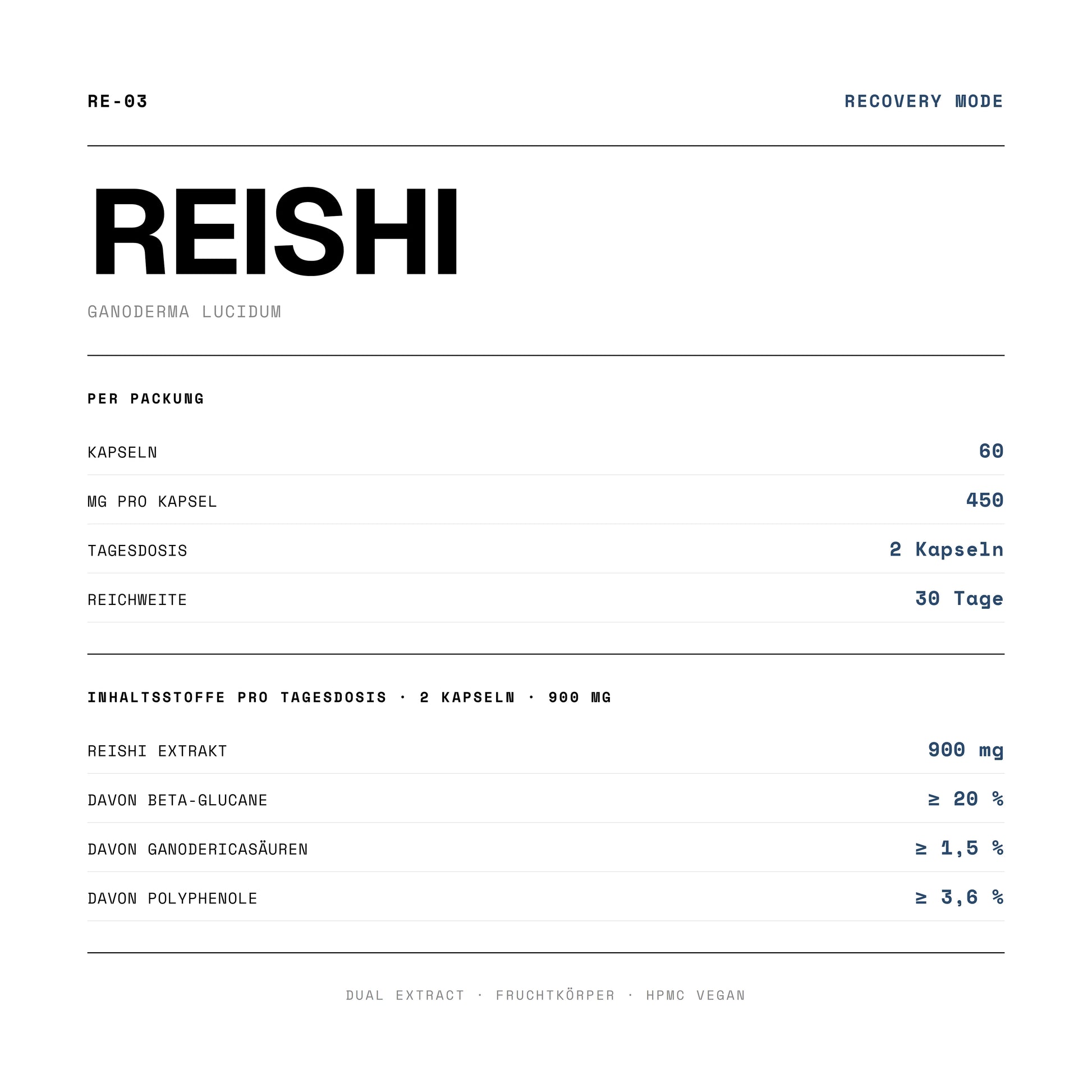 Wirkstoffe und Dosierung von Reishi Kapseln: 60 Kapseln à 300 mg, ≥18% Beta-Glucane, ≥1% Ganodericasäuren, ≥3,6% Polyphenole.