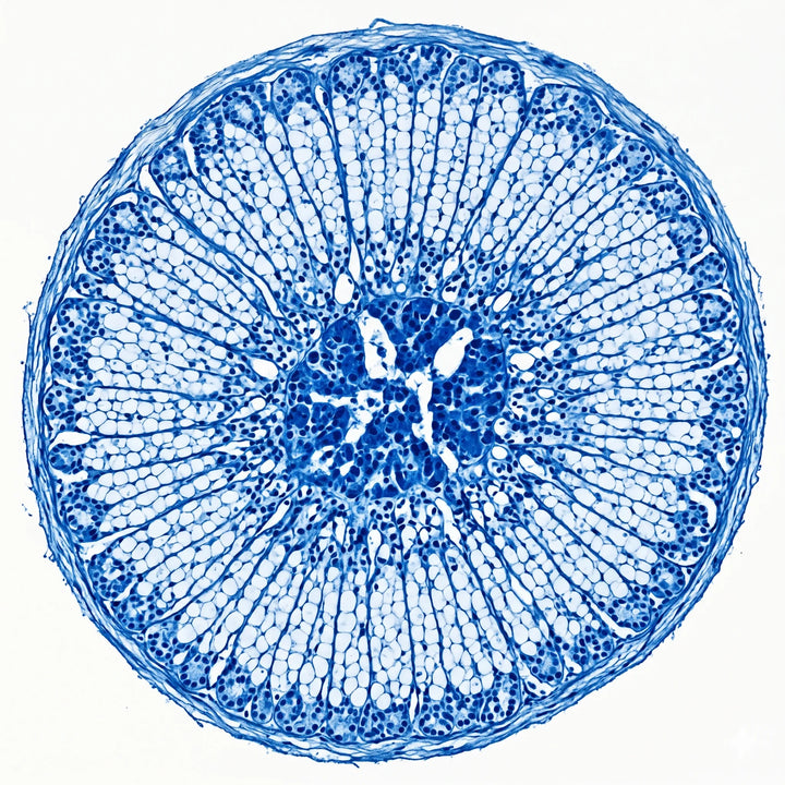 Histologischer Querschnitt der Nebenniere mit Cortex-Schichten unter dem Lichtmikroskop.
