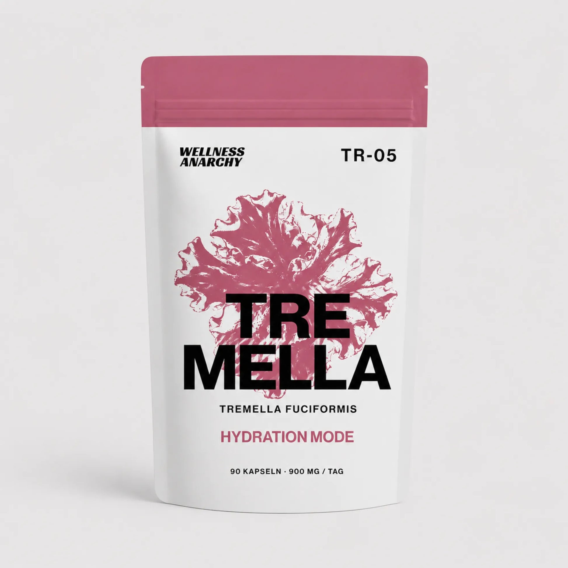 Wellness Anarchy Tremella Kapseln Standbeutel mit rosa Tremella-fuciformis-Pilz-Illustration auf der Front.