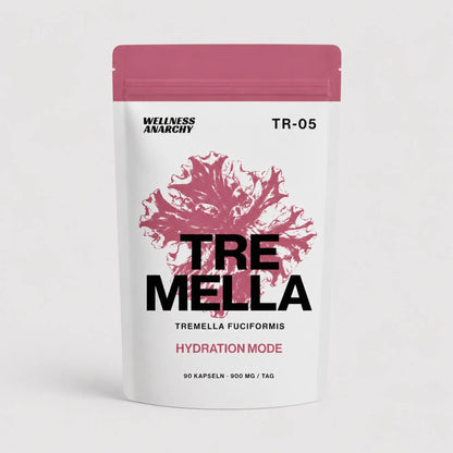 Wellness Anarchy Tremella Kapseln Standbeutel mit rosa Tremella-fuciformis-Pilz-Illustration auf der Front.