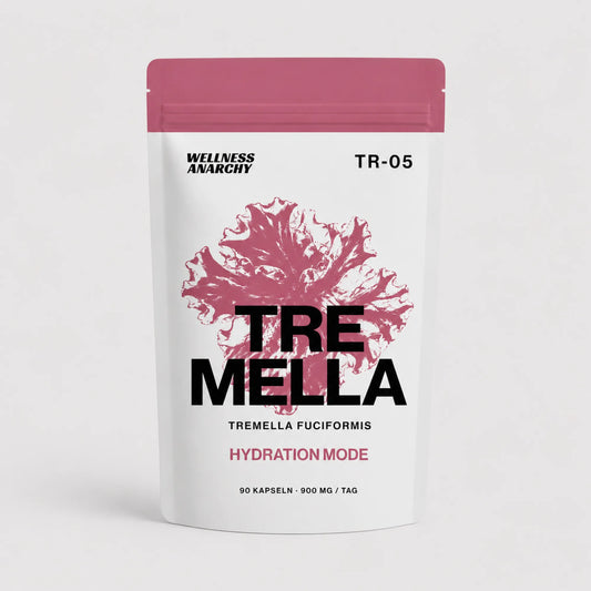 Wellness Anarchy Tremella Kapseln Standbeutel mit rosa Tremella-fuciformis-Pilz-Illustration auf der Front.