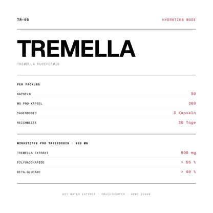 Wirkstoffe und Dosierung von Tremella Kapseln: 90 Kapseln à 300 mg, ≥45% Polysaccharide, ≥35% Beta-Glucane, Hot Water Extract.