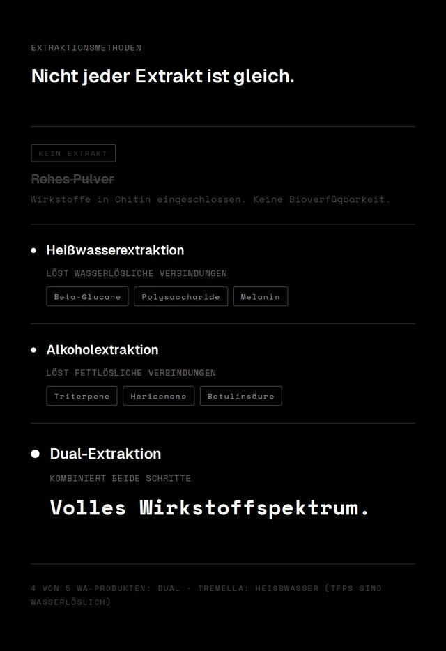 Infografik: Unterschied zwischen Pulver, Heißwasserextraktion, Alkoholextraktion und Dual-Extraktion bei Vitalpilzen