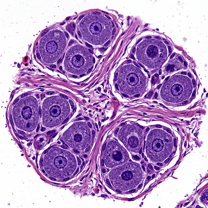 Histologischer Querschnitt eines autonomen Nervenganglions mit großen Nervenzellkörpern unter dem Lichtmikroskop