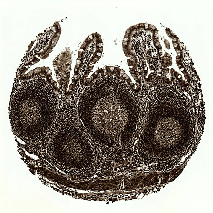 Histologischer Querschnitt von Peyer-Plaques im Darm unter dem Lichtmikroskop. Darm-assoziiertes Immungewebe.