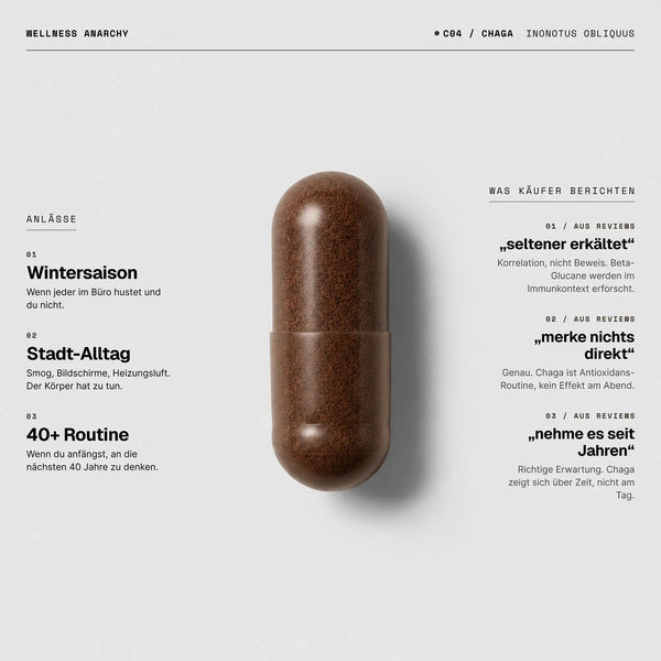 Chaga Kapsel von Wellness Anarchy mit Inonotus obliquus Dual-Extrakt aus dem Sklerotium.