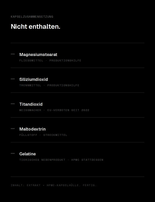 Infografik: Fünf Zusatzstoffe die nicht in Wellness Anarchy Kapseln enthalten sind, darunter Magnesiumstearat, Siliziumdioxid und Maltodextrin